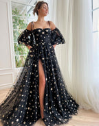 Elegant Side Slit Black Prom Dress with Stars BM bride