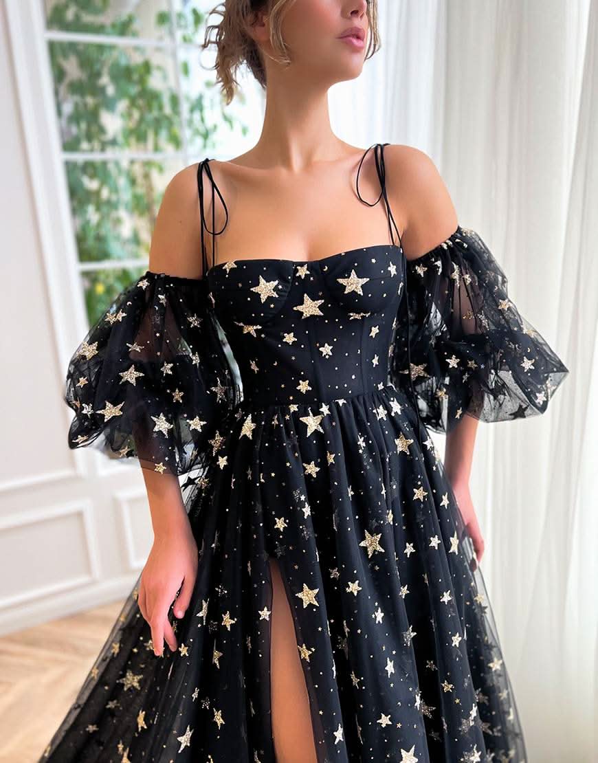 Elegant Side Slit Black Prom Dress with Stars BM bride