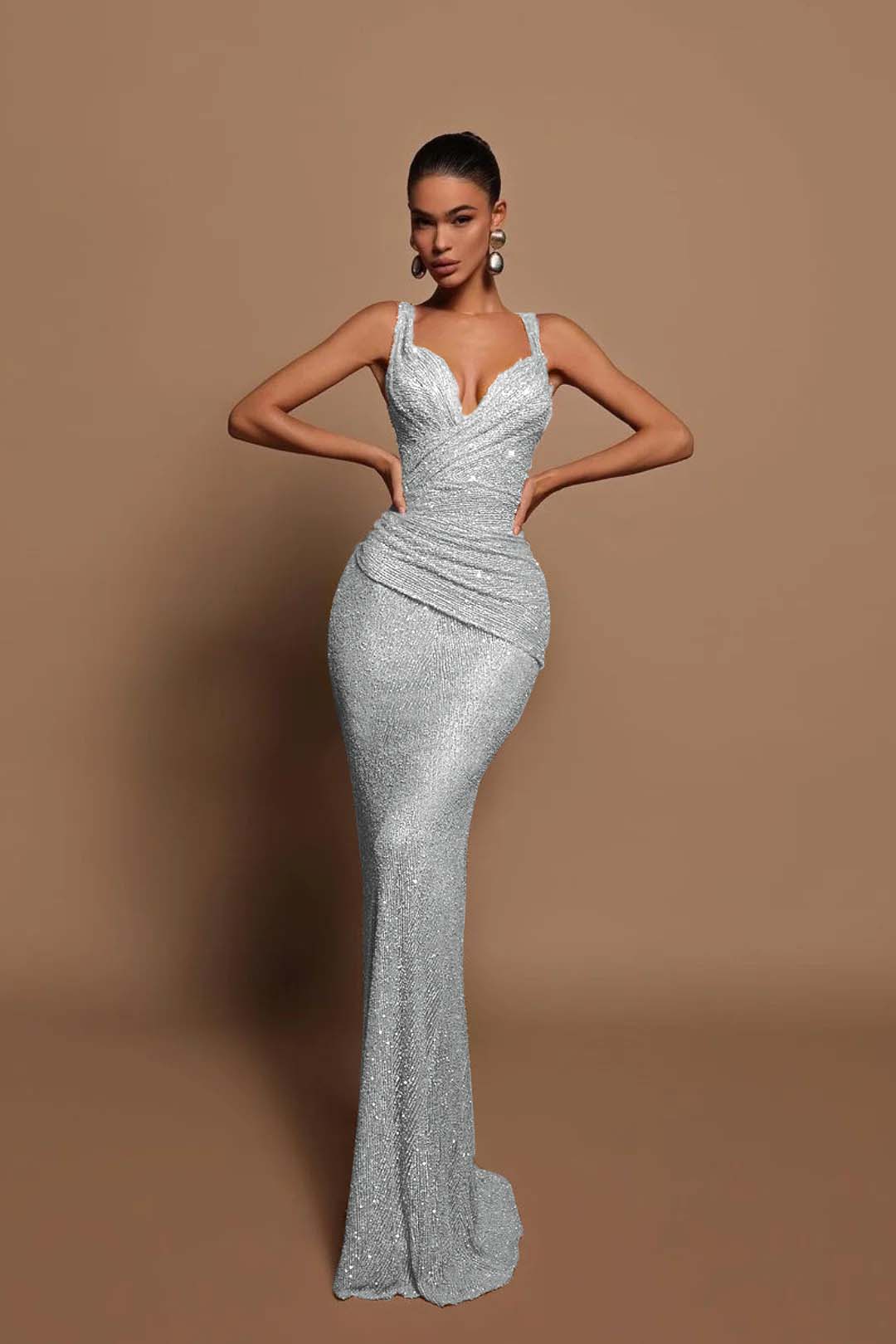 Sexy Pink Long Sequins Prom Dress V Neck Mermaid Sleeveless BMBRIDE
