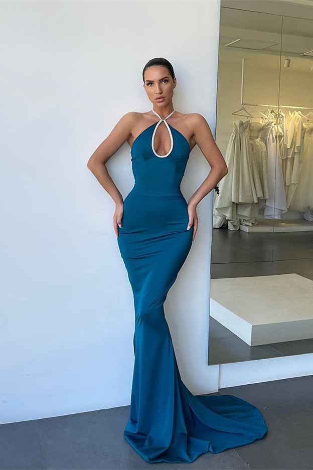 Dark Blue Sleeveless Halter Long Mermaid Prom Dress BM bride