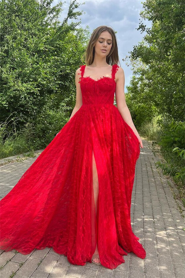 Red Front Split Sleeveless Evening Dress with Appliques BM bride