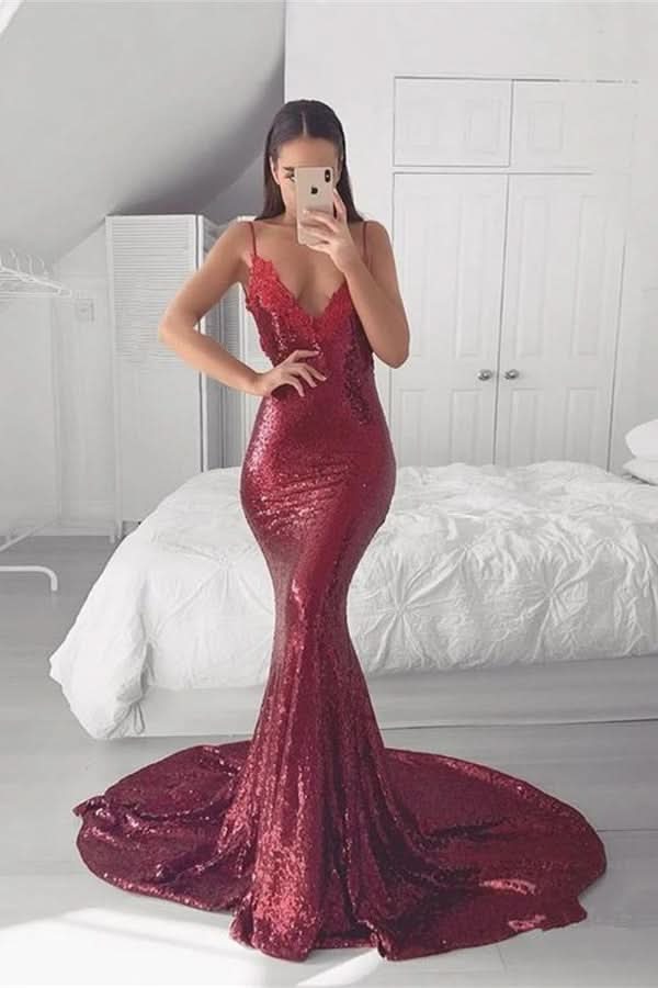 Spaghetti-Straps Mermaid Sequins Prom Dress BM bride