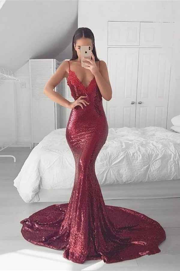 Stunning Mermaid Spaghetti Strap Deep V Neck Sleeveless Sequins Prom Dress