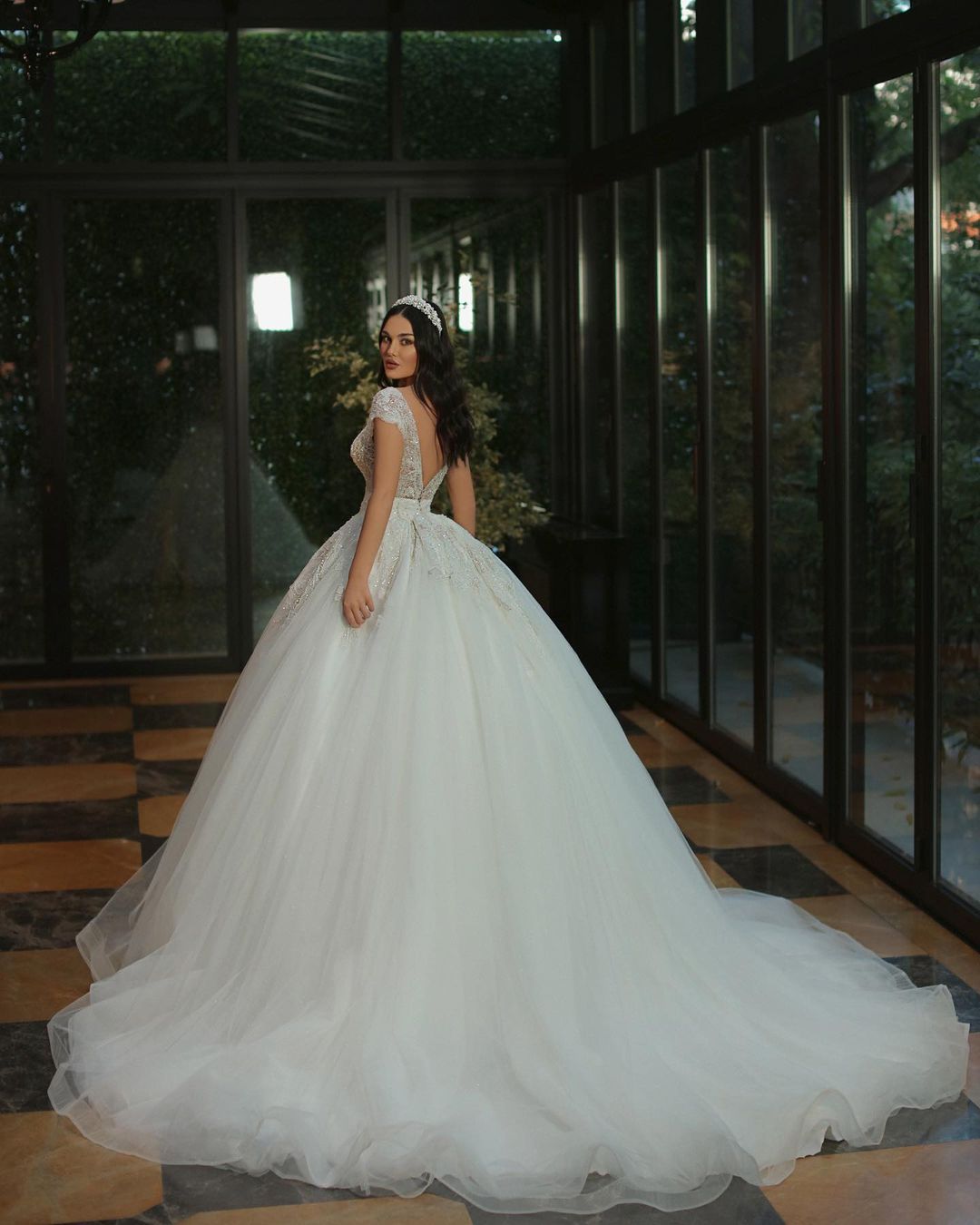 Long A-Line V-Neck Cap Sleeve Wedding Dress with Beaded Tulle BM bride