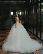 Long A-Line V-Neck Cap Sleeve Wedding Dress with Beaded Tulle BM bride