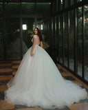 Long A-Line V-Neck Cap Sleeve Wedding Dress with Beaded Tulle BM bride