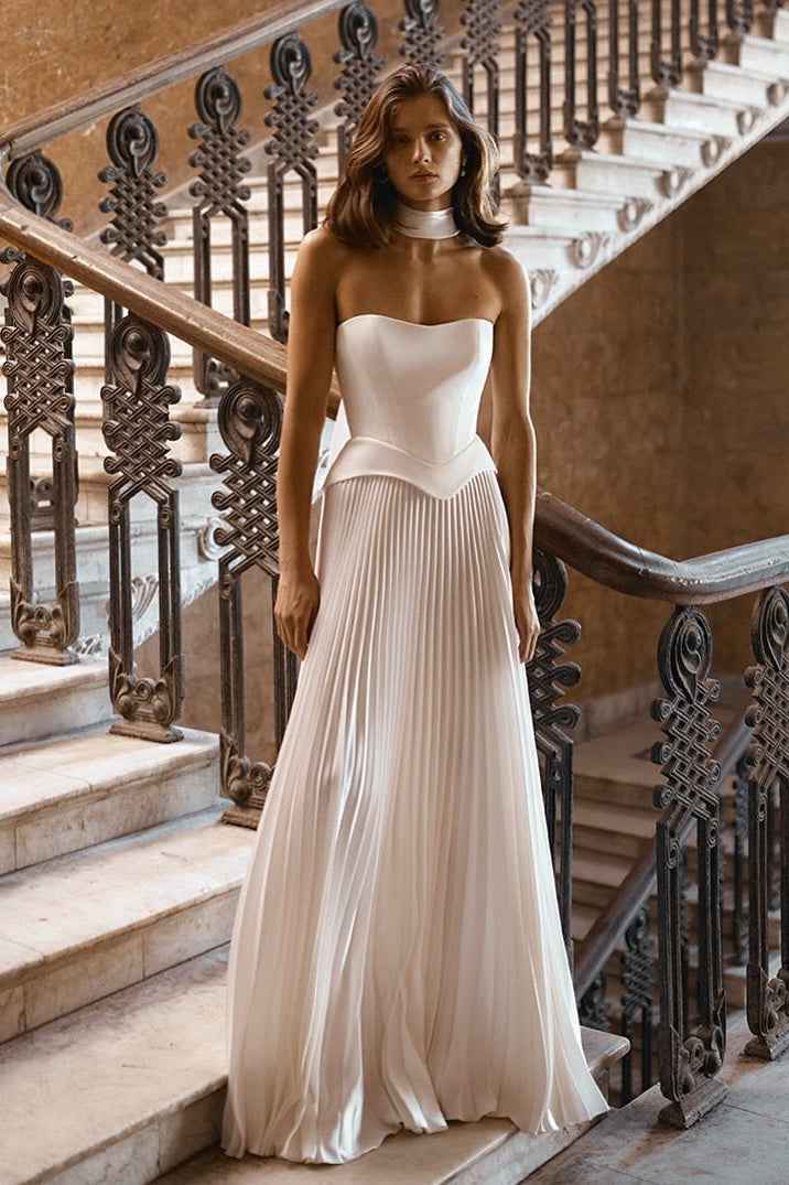 White Strapless Sleeveless Long Prom Dress With Pleated Ruffles