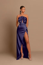 Pink Chic Evening Dress Sleeveless Strapless with Side Slit Pleats BM bride
