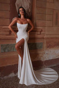 Strapless Sleeveless Long Mermaid Prom Dress With Split Pleated