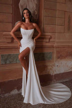 Strapless Sleeveless Long Mermaid Prom Dress With Split Pleated