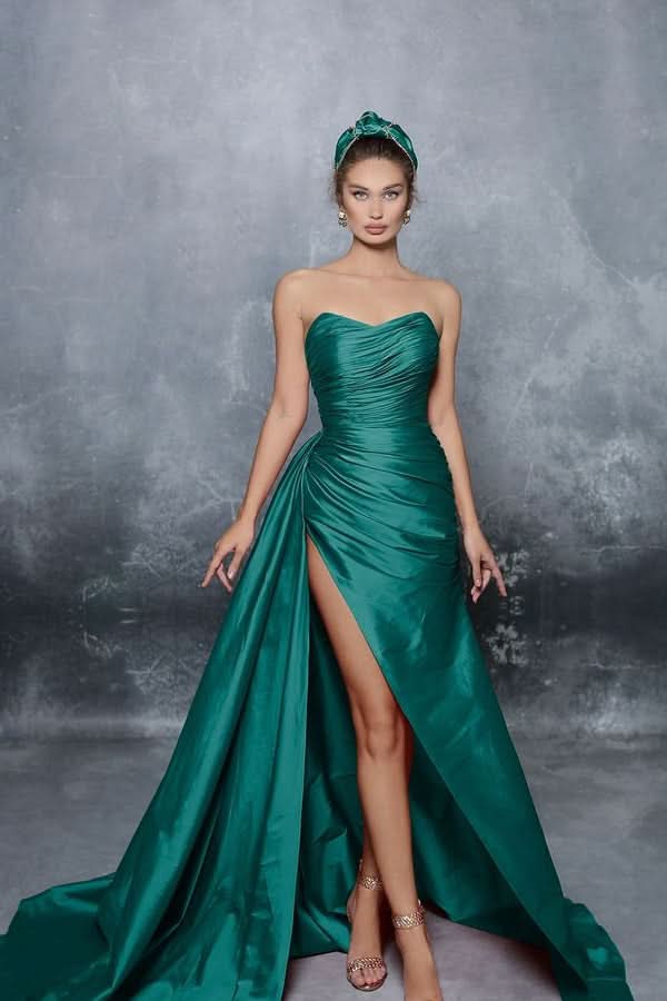 Blue Elegant Strapless Sleeveless Prom Dress with Slit Pleats BM bride
