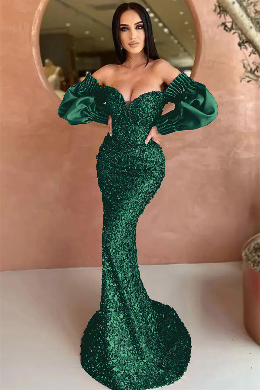 Off-The-Shoulder Mermaid Long Sleeve Evening Dress with Sequins BM bride