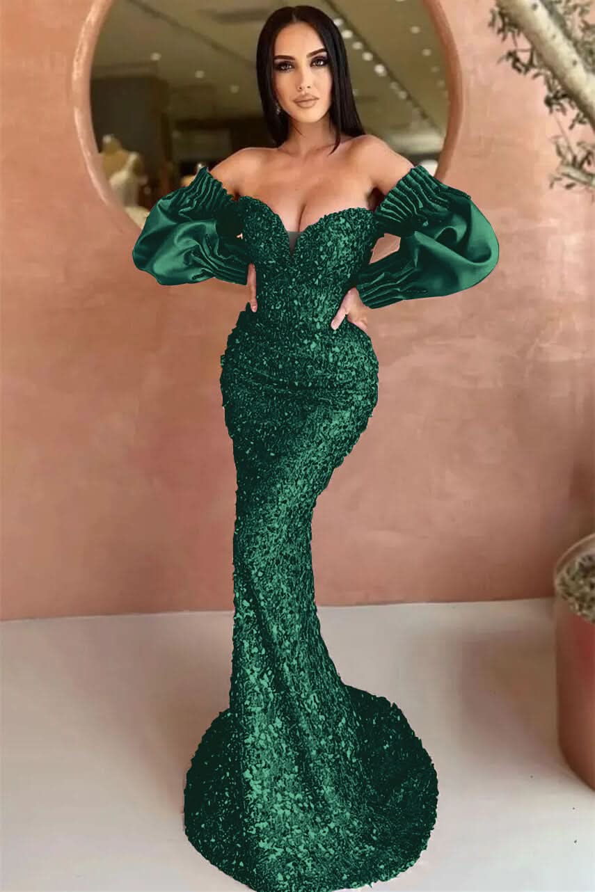 Off-The-Shoulder Mermaid Long Sleeve Evening Dress with Sequins BM bride