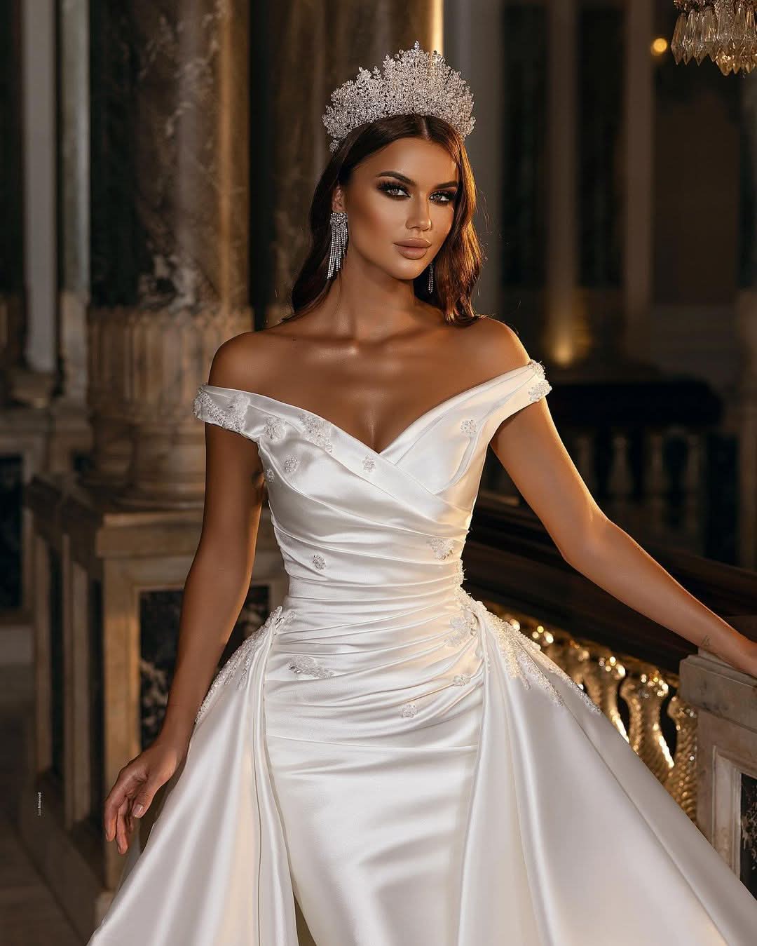 A-Line Off-the-Shoulder Sweetheart Backless Satin Wedding Dress with Ruffles and Appliques BM bride