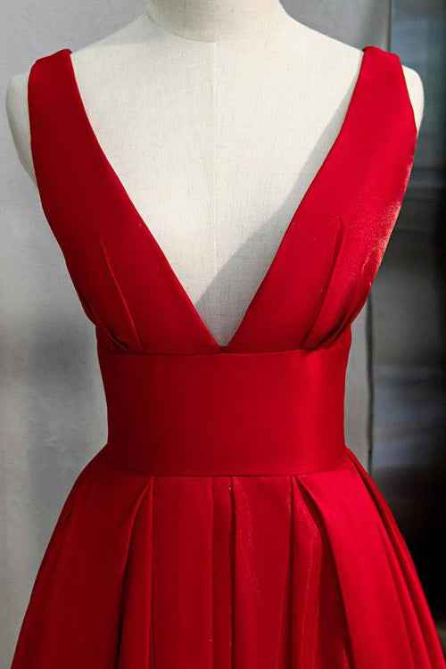 Elegant Red Deep V Neck Sleeveless Backless A Line Prom Dress Online