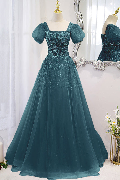 Chic Lace Up Prom Dress Beadings A Line Short Sleeves With Square Online BMBRIDE