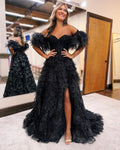 Fashionable A-Line Off-the-Shoulder Glitter Tulle Prom Dress with Slit BM bride