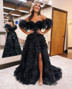 Fashionable A-Line Off-the-Shoulder Glitter Tulle Prom Dress with Slit BM bride