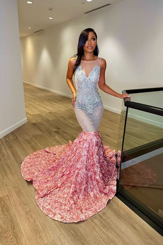Elegant Pink Evening Dress Long with Sequins, Flowers, and V Neck Tulle BM bride