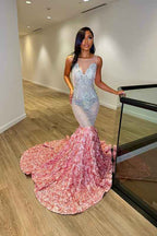 Crew Neck Sequins Sleeveless Flower Mermaid Princess Prom Dress Splicing Trumpet