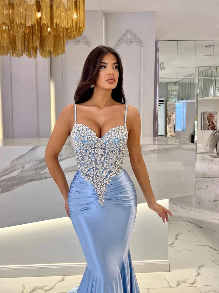 Baby Blue Mermaid Prom Dress Long Sweetheart Sleeveless with Beads BM bride