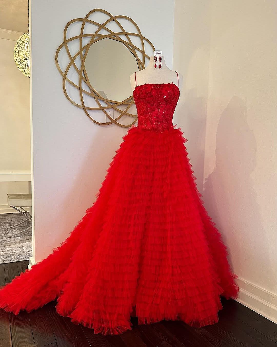 Lovely A-Line Tiered Sequins Tulle Long Prom Dress BM bride