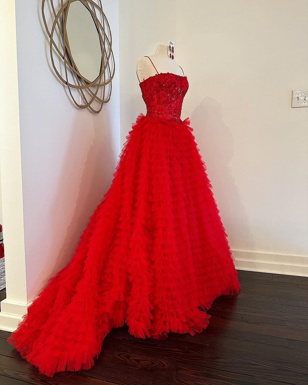 Lovely A-Line Tiered Sequins Tulle Long Prom Dress BM bride