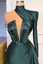 Dark Green One Shoulder Long Prom Dress with Sequins BM bride