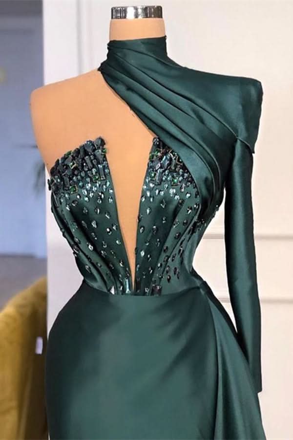 Dark Green One Shoulder Long Prom Dress with Sequins BM bride