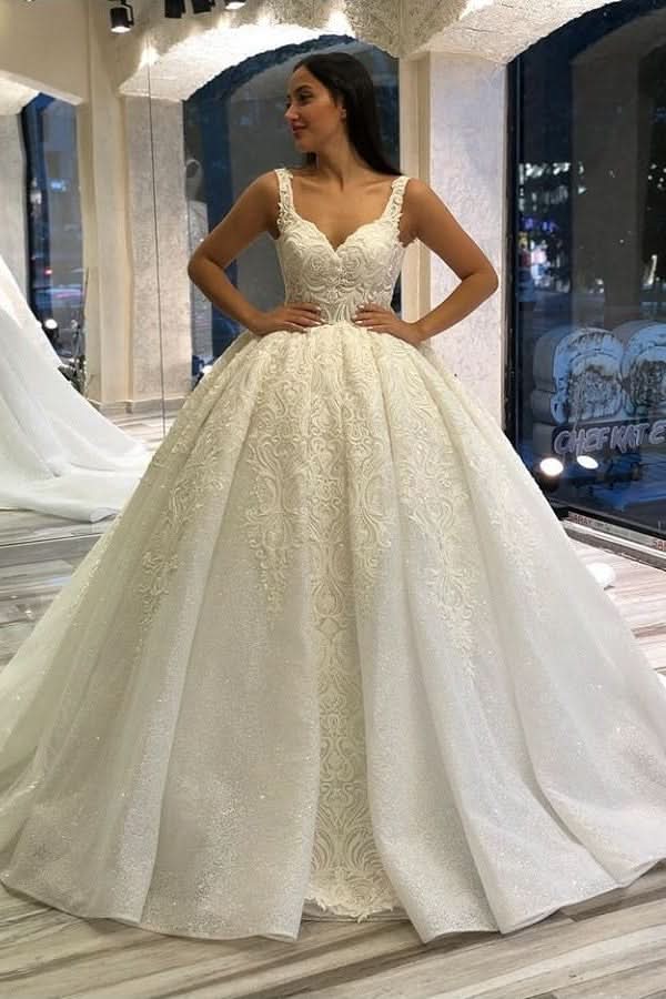 Sweetheart Spaghetti Strap Backless Ball Gown Wedding Dress with Lace Appliques and Sequins BM bride