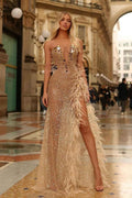 V Neck Long Prom Dress Sequins Feather With High Slit Champagne
