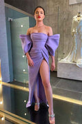 Charming Lilac Off the Shoulder Strapless Pleated Long Prom Dress With Split