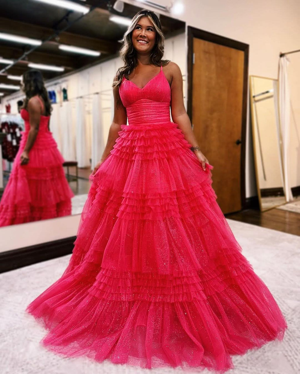 Elegant A-Line Deep V Neck Tiered Long Glitter Tulle Prom Dress BM bride