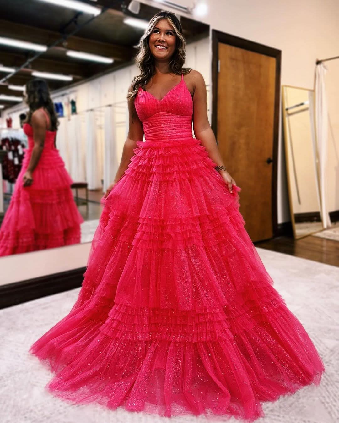 Elegant A-Line Deep V Neck Tiered Long Glitter Tulle Prom Dress BM bride