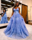 Elegant A-Line Deep V Neck Tiered Long Glitter Tulle Prom Dress BM bride