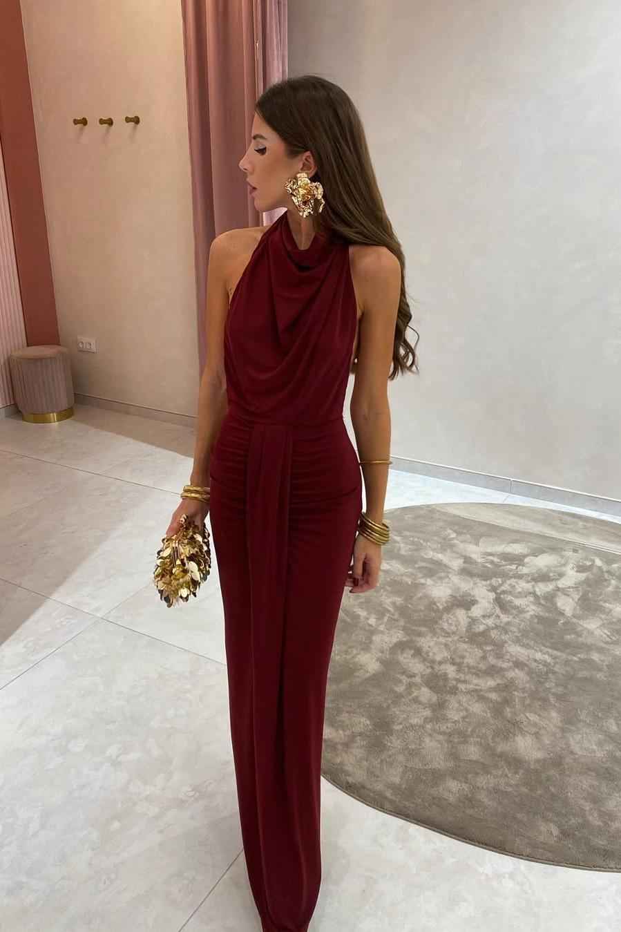 Halter Sleeveless Backless Long Prom Dress With Pleated Ruffles
