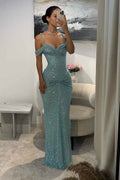 Off the Shoulder Sleeveless Long Mermaid Prom Dress With Sequins