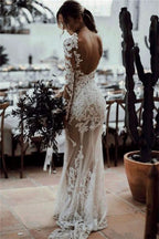 Long Sleeve Column Backless Mermaid Tulle Wedding Dress with Lace Appliques BM bride