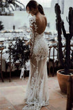 Long Sleeve Column Backless Mermaid Tulle Wedding Dress with Lace Appliques BM bride