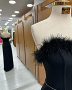 Black Strapless Sleeveless Feathered Sequined Long Mermaid Prom Dress BM bride