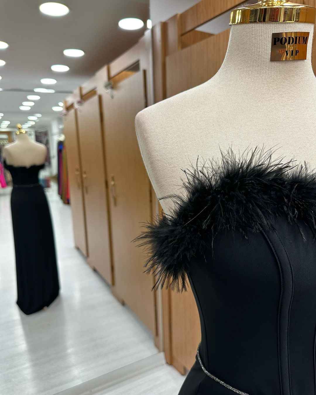 Mermaid Prom Dress Long Black Feather Sequins Sleeveless Strapless
