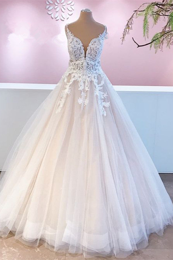 Sweetheart Backless A-Line Wedding Dress with Ruffles, Lace Appliques, and Tulle BM bride
