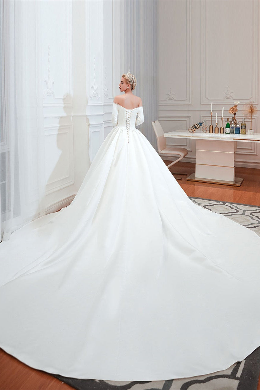 Off-the-Shoulder Half Sleeve Satin Wedding Dress BM bride