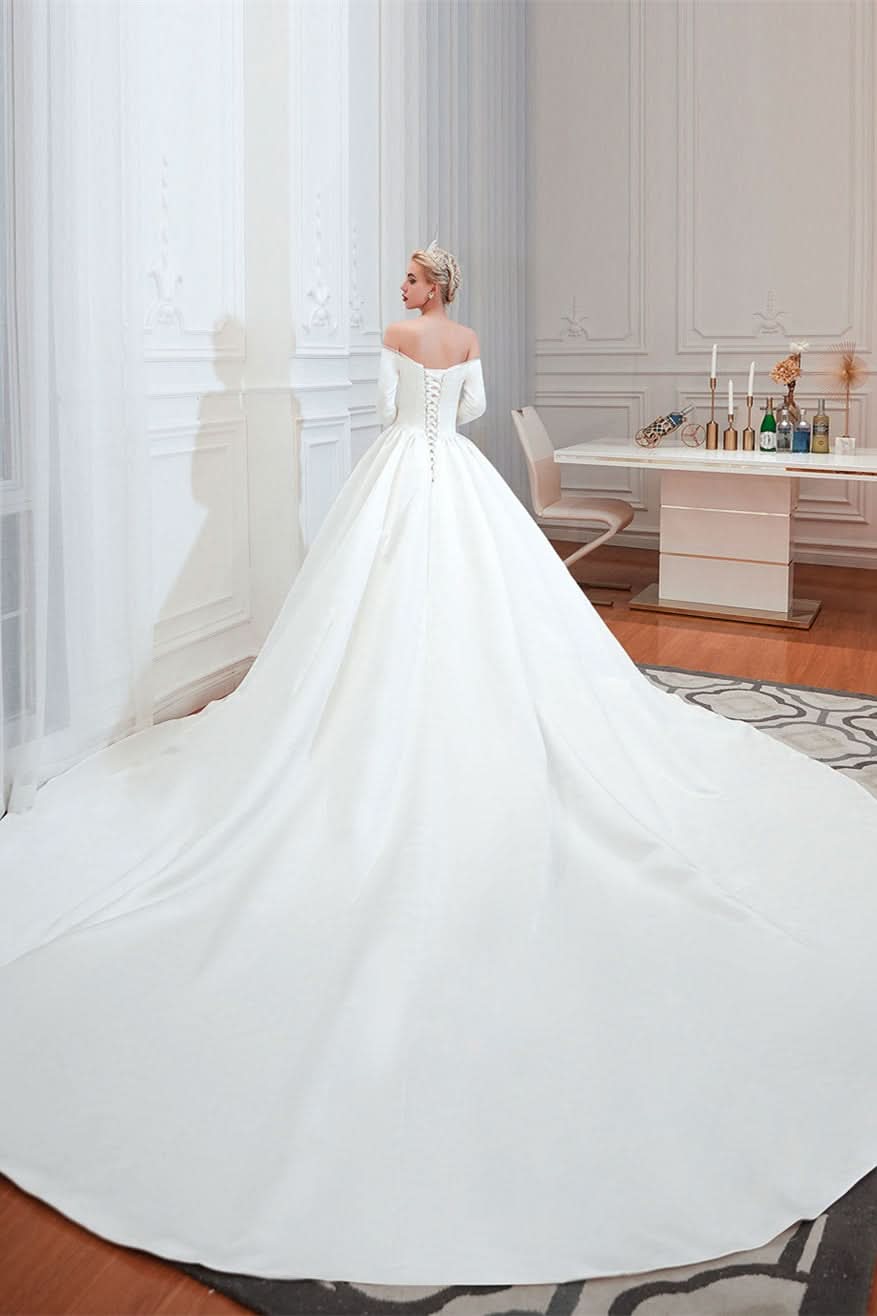 Off-the-Shoulder Half Sleeve Satin Wedding Dress BM bride