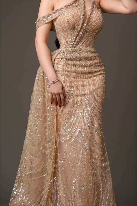 Charming Champagne Gold One Shoulder Sleeveless Prom Dress With Bead Embroidery
