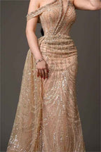 Charming Champagne Gold One Shoulder Sleeveless Prom Dress With Bead Embroidery