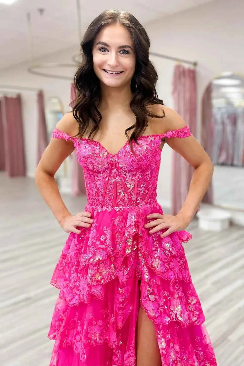 Fuchsia Princess Off the Shoulder Long Tiered Corset Prom Dress with Sequins