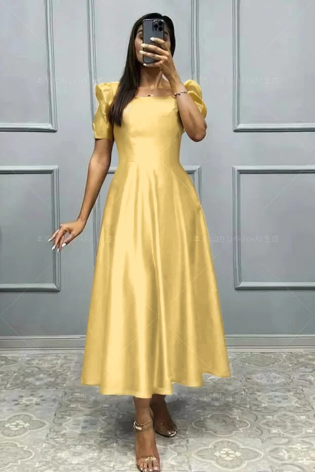 Elegant Square A Line High Waist Pleated Prom Dress With Short Sleeves BMBRIDE