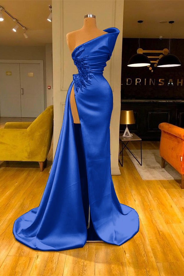 Sky Blue Mermaid One Shoulder Sleeveless Long Split Prom Dress With Beadings
