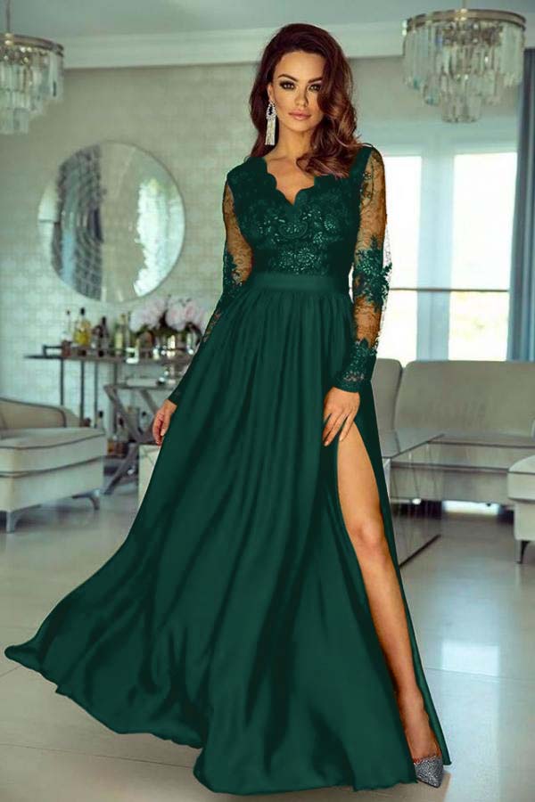 Charming V Neck Long Sleeves Lace A Line Long Prom Dress With Side Split BMBRIDE